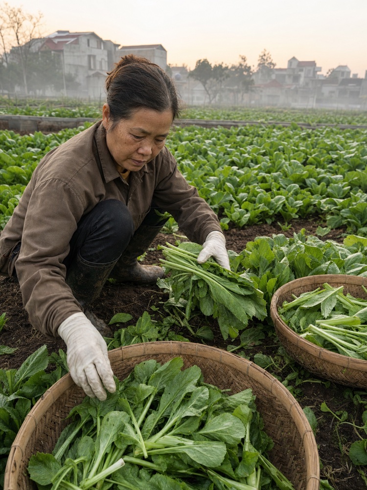 Thu hoạch rau cải tại vùng trồng Vân Nội
